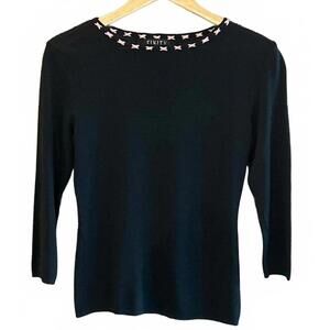 Finity Womens Sweater Petite Medium Black Pink Woven Ribbon Neckline